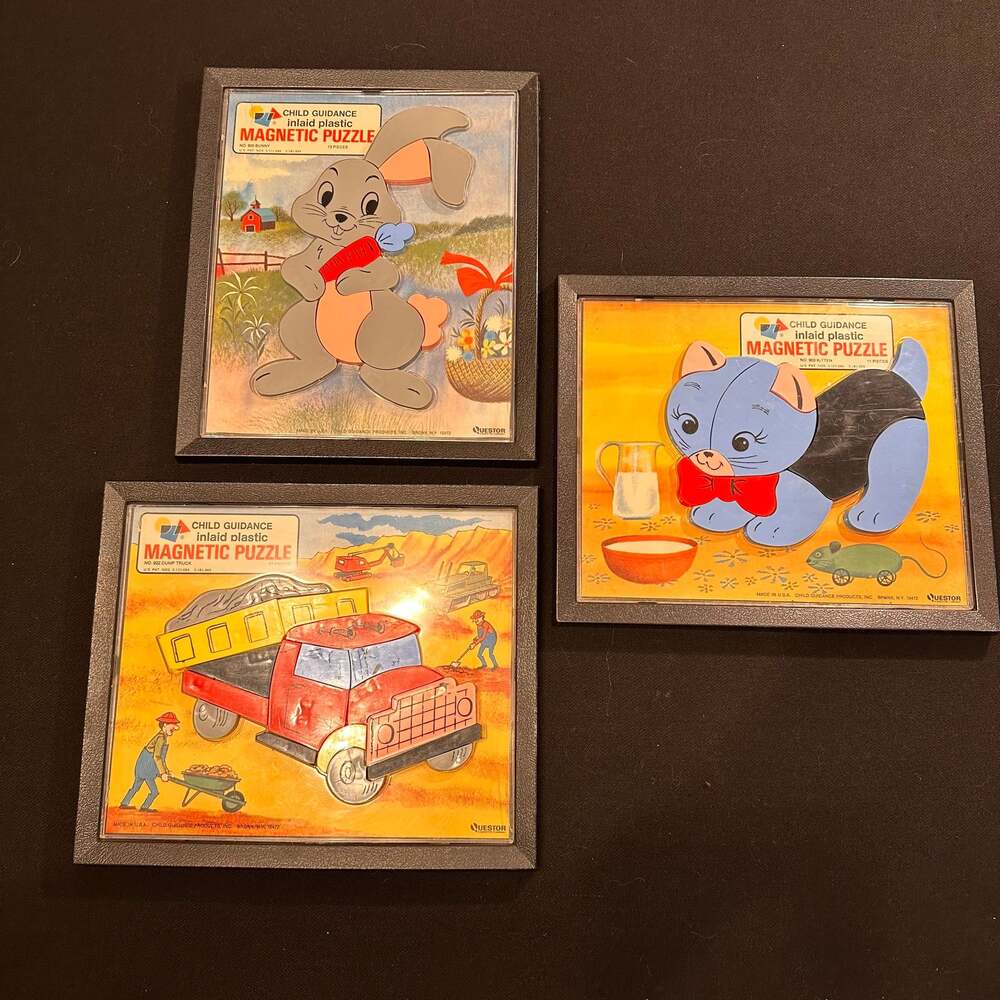 3 1960s A Child's Guidance Toy Puzzles Dump Truck #922, #905 Bunny & #903 Kitten